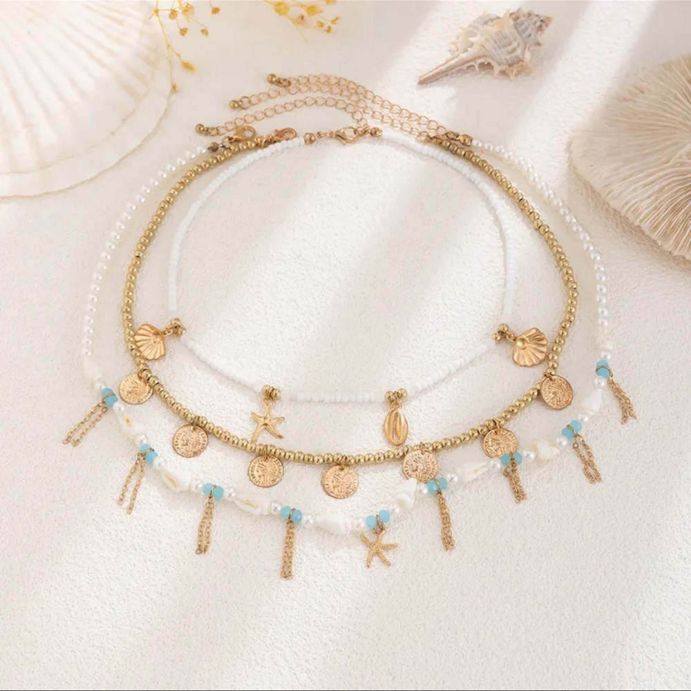 Gold and White Shell Charm Necklace Set
